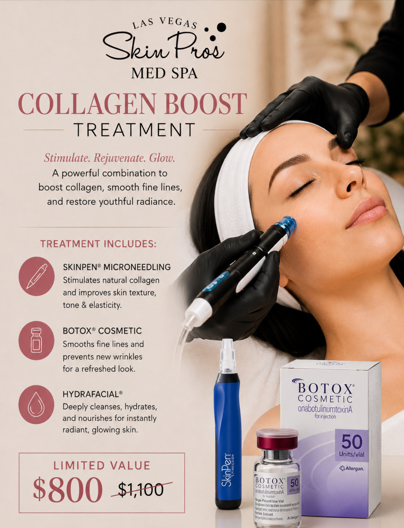 Advertisement for Collagen Boost Treatment at Las Vegas Skin Pros Med Spa, showing a clinician using a device on a woman's face during a facial treatment.