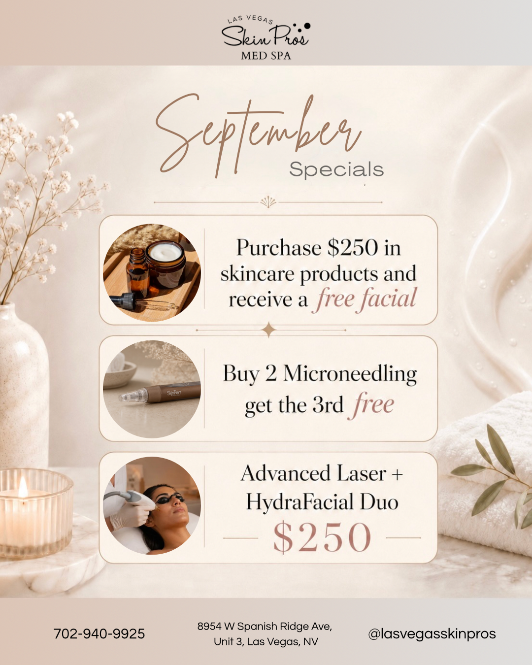 September Specials banner for SkinPros Med Spa with three offers: free facial with 0 skincare purchase; buy 2 microneedling, get third free; 0 Advanced Laser + HydraFacial Duo promo.