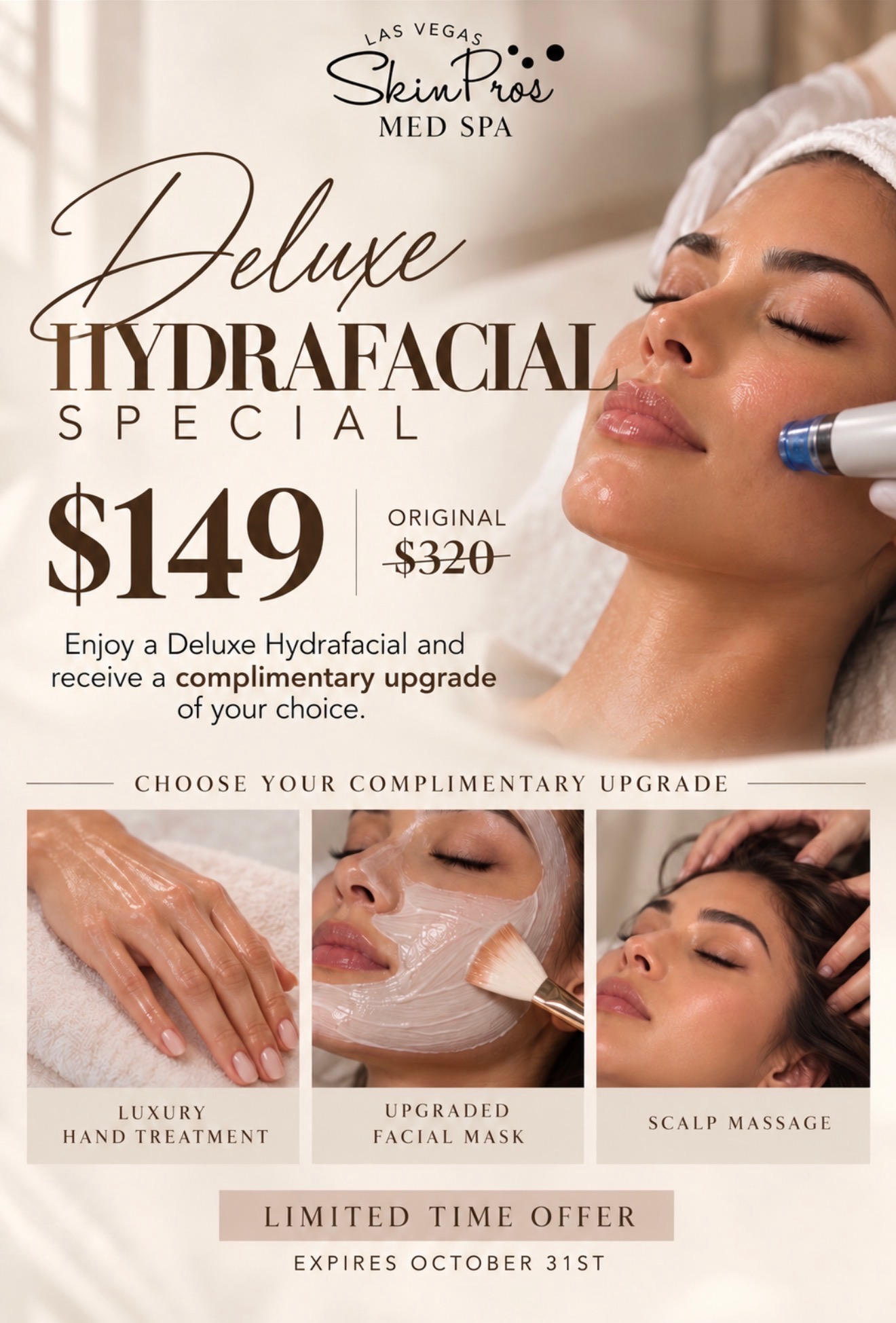 Advertisement for Las Vegas Skin Pros Med Spa offering a Deluxe Hydrafacial for 9 with a relaxing client receiving facial treatment.